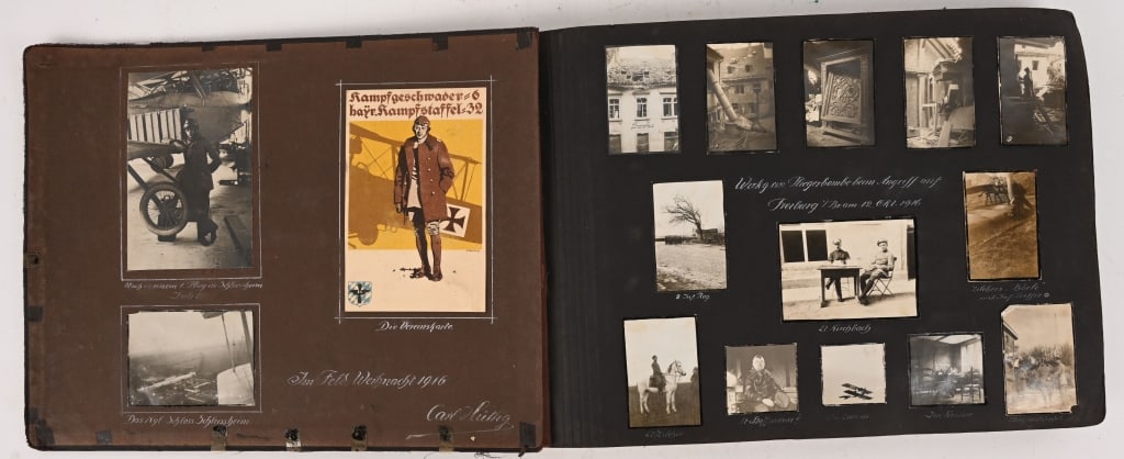 WW1 IMPERIAL GERMAN PHOTO ALBUM PHOTOS OF PILOTS: A spectacular WW1 Imperial German Aviation Photoalbum. The album contains roughly 200 black and white photos of day to day life and several Aviators and Airplanes as well as Bombing Assessment photos.