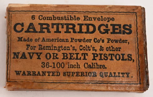 CIVIL WAR SEALED .36 CARTRIDGES FOR COLT REMINGTON: Mason Cartridges in original box. This packet reads "6 Combustible Envelope Cartridges made of American Powder Co.s Powder FOR REMINGTON'S, COLTS AND OTHER NAVY OR BELT PISTOLS, 36-100 inch Caliber Wa