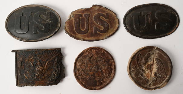 CIVIL WAR BELT BUCKLES & BREAST & BOX PLATE LOT: Lot of Civil War Belt Buckles and Plates to include 1) DUG CIVIL WAR US ARROW BACK BELT PLATE. 3 1/4" by 2 1/8", nice patina and condition. Excellent. 2) DUG CIVIL WAR US ARROW BACK BELT PLATE. Shows