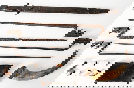 EARLY US MILITARY LOT PIPES POWDER HORN BAYONETS: Lot of US Militaria to include 1) Two Dug Trapdoor Bayonets 2) Two Non Dug Trapdoor Bayonets 3)&#160;M1874 INDIAN WARS US MCKEEVER AMMUNITION POUCH. This type of leather ammo pouch was adopted around