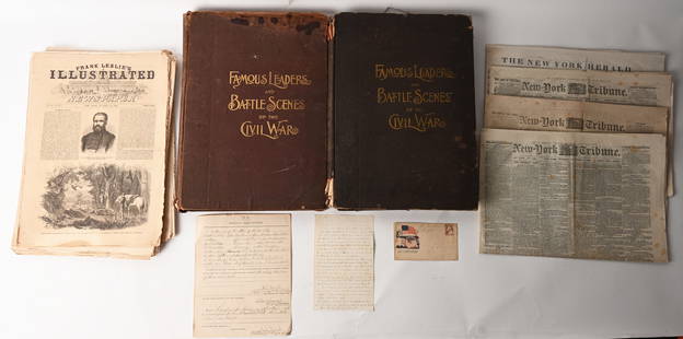 CIVIL WAR EPHEMERA LOT HARPERS WEEKLY NEWSPAPERS: Lot of Civil War related Ephemera to include 1) Famous Leaders and Battle Scenes of the Civil War book. Show a lot of wear to the boards. 2) Famous Leaders and Battle Scenes of the Civil War book. Sho