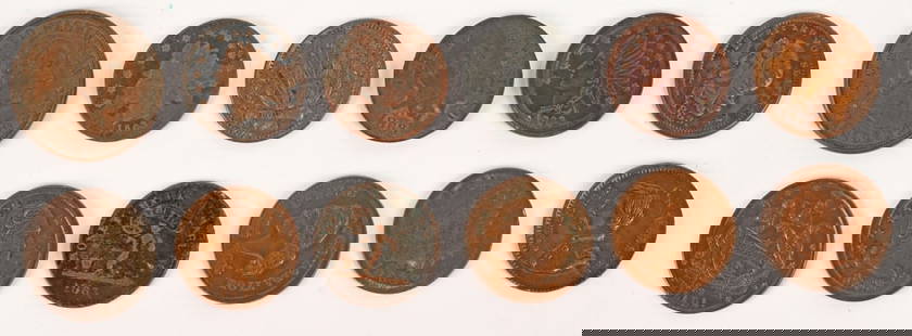US FEDERAL CIVIL WAR SUTLER TOKEN LOT: Lot of 12 Civil War tokens to include 1) Obverse - Lady Liberty with the texts FOR PUBLIC ACCOMMODATION 1863 Reverse - KNICKERBOCKER CURRENCY with a Traveler to the center 2) Obverse - Indian wearing