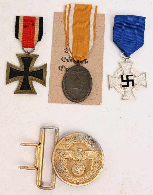 WWII NAZI GERMAN MEDAL & BELT BUCKLE LOT NSDAP WW2: Lot of WWII Nazi German Medals to include 1) Second Class Iron Cross. 1939 pattern, die struck, three piece, iron and alloy construction Pattée style cross with a single piece iron cor