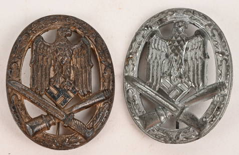 WWII NAZI GERMAN WEHRMACHT GENERAL ASSAULT BADGE: Lot of two Wehrmacht Badge lot to include 1)&#160;GENERAL ASSAULT BADGE.&#160;Die struck, solid backed, alloy construction award with a silver finish. The nicely detailed badge features a cut-out, hig