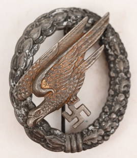WWII NAZI GERMAN LUFTWAFFE PARATROOPER BADGE BSW: Luftwaffe paratrooper badge by Br&#252;der Schneider A.G., Wien. Zink&#160;constructed wreath with a riveted tombak eagle. Maker marked on the reverse with the "BSW" of "Br&#252;der Schneider A.G., Wi
