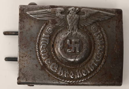 WWII NAZI GERMAN WAFFEN SS BELT BUCKLE RODO WW2: This is a beautiful, worn, original SS buckle by RODO. It is made of steel. The front of this SS buckle by RODO shows heavy wear, with field gray paint remaining only in the recesses of the design. Lo