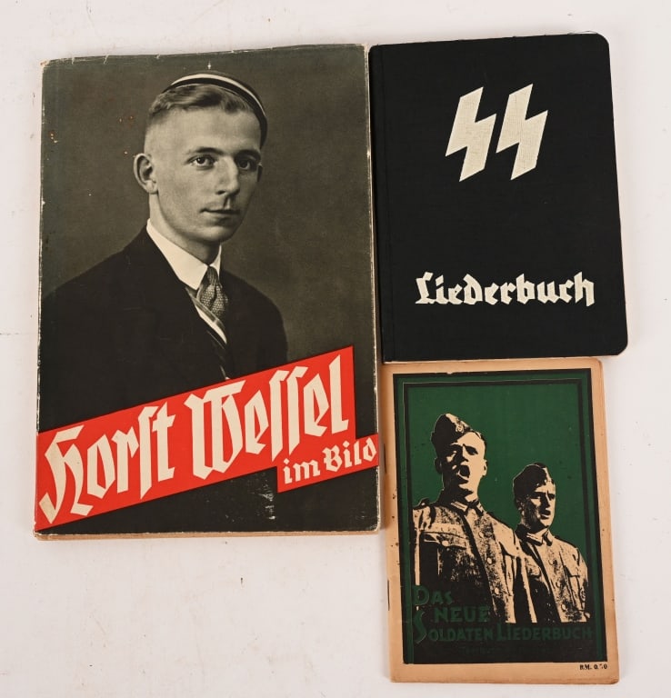 WWII NAZI GERMAN SS NSDAP WEHRMACHT BOOK LOT WW2: WWII Nazi German Ephemera lot to include 1) SS Liederbuch 4th Edition in excellent to near mint condition still retaining all of its pages. 2) Horst Wessel Im Bild. Book “Horst Wessel im Bild