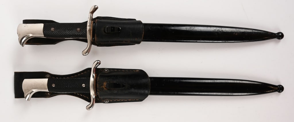 WWII NAZI GERMAN FIRE POLICE BAYONET SIDEARM WW2: Lot of WWII Nazi German Fire Police Bayonets to include 1) WWII NAZI GERMAN FIRE POLICE BAYONET BY EICKHORN. Nazi Fire police Drop forged 9 7/8 long bright nickel/silver plated steel blade w