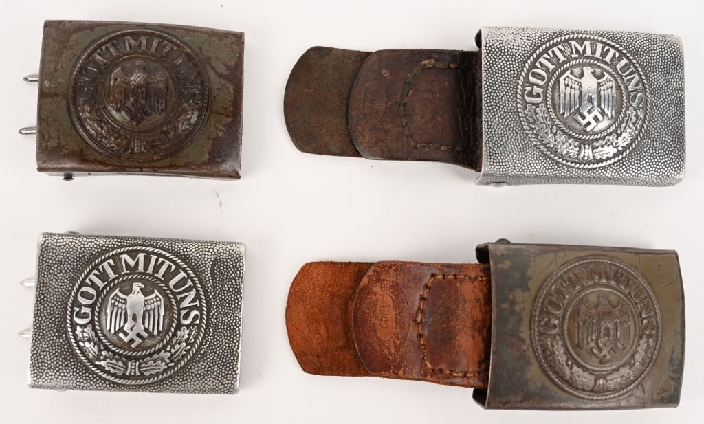 WWII NAZI GERMAN ENLISTED ARMY BELT BUCKLE LOT WW2: Lot of WWII Nazi German Belt buckles to include 1) HEER EM/NCO'S BELT BUCKLE WITH LEATHER TAB. 1940 pattern, field-gray painted, die stamped steel construction, combat box buckle features a smooth out
