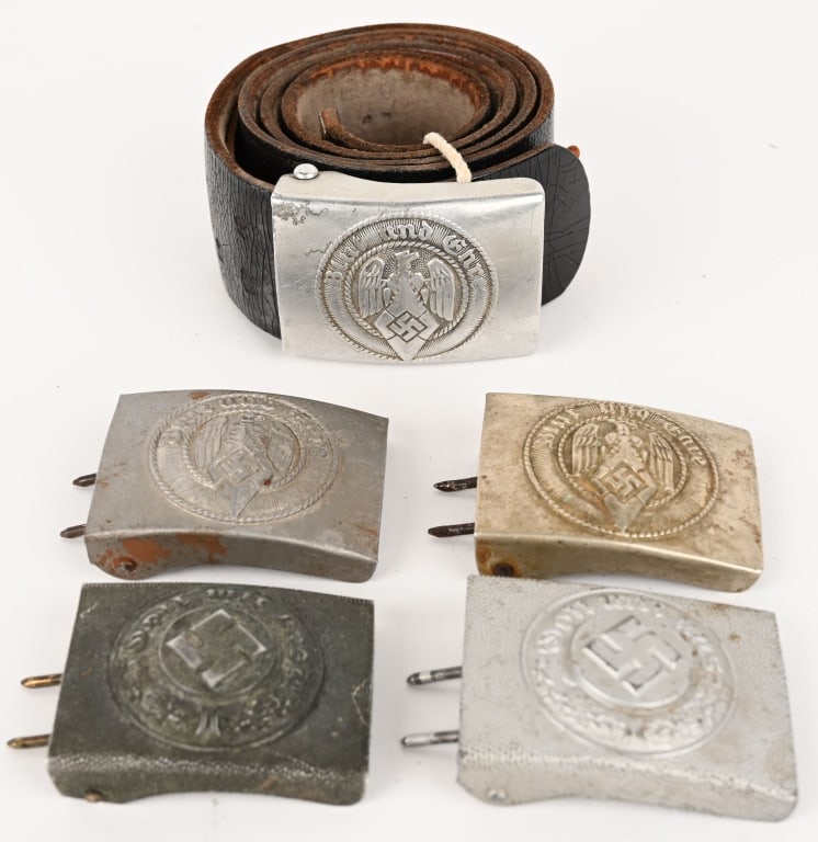 WWII NAZI GERMAN BELT BUCKLE LOT POLICE & HJ WW2: Lot of WWII Nazi German Belt Buckles to include 1) POLIZEI NCO'S BELT BUCKLE. 1936 pattern, silver washed, injection molded, aluminum construction, police NCO’s, box belt buckle featur