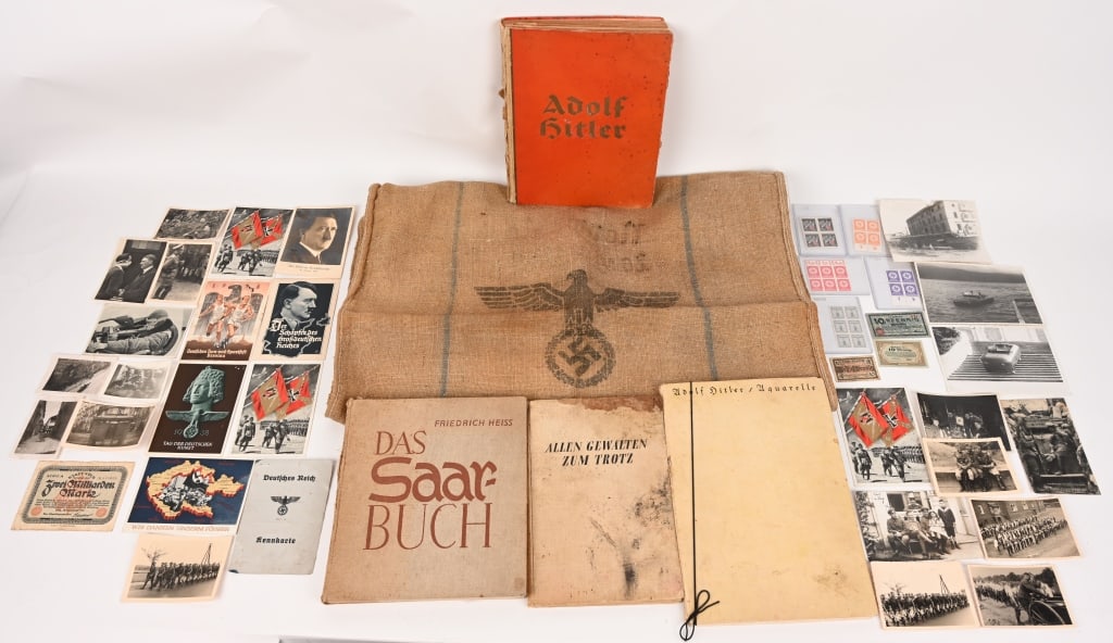 WWII NAZI GERMAN BOOKS ADOLF HITLER WATERCOLORS: Lot of WWII Nazi German Ephemera to include 1) Adolf Hitler - Watercolors, ed. Heinrich Hoffmann, around 1938, 7 color art prints after watercolors by Adolf Hitler from the Western Front 1914-1917, co