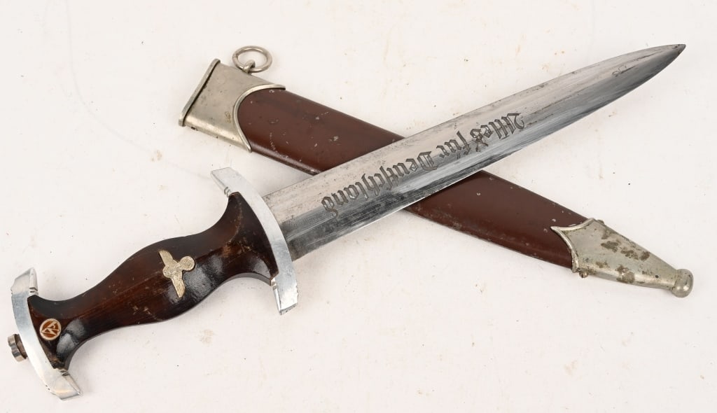 WWII NAZI GERMAN SA DAGGER BY M7/87/38 WW2: Model 1933 Sturmabteilung Dienstdolch by RZM M7/87/38 - Malsch & Ambronn of Steinbach 1938. The blade on this one looks great. The acid etched “Alles fur Deutschland” motto and “RZM