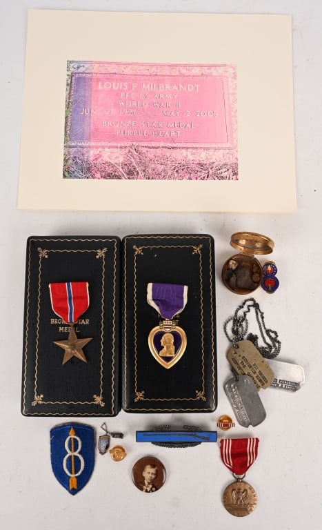 WWII US 8TH INFANTRY DIV. MEDAL PAPER GROUPING WW2: WWII US Army 8th Division of the 121st Infantry Regiment medal and ephemera grouping of Pvt. Louis F. Milbrandt who was a lifelong resident of Illinois. The grouping consists of .his ca