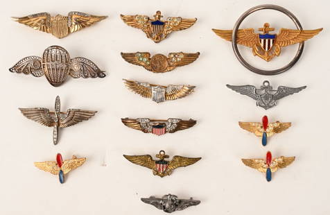 WWII US SWEATHEART JEWELRY LOT WINGS AIR CORPS USN: Lot of WWII US Sweetheart Jewelry, most including Rhinestones. From US Air Corps Wings and Wing and Prop Devices to US Naval Aviator Wings. All are excellent.&#160;&#160;