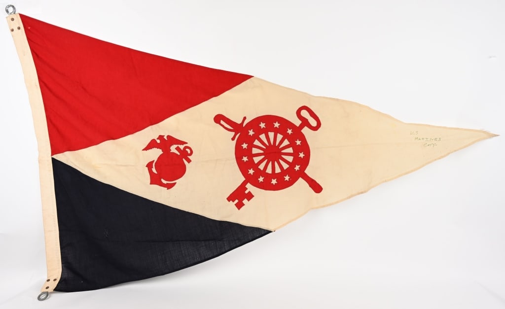 WWII MARINE CORPS QUARTERMASTER CORPS FLAG USMC: A very attractive, wool multi piece construction flag measuring 45 X 73 inches with very heavy mounting brackets. The flag is stamped from the QM and is dated 1942-1943. The counterpart to the Army Tr