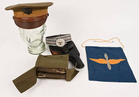 WW1 & WWII MILITARY LOT NAZI LUFTWAFFE VISOR HAT: Lot of Military items to include 1)&#160;US WW1 ISSUED OFFICER'S M1910 VISOR CAP.&#160;It was a WW1 issued cap which replaced the bell-crown model. It was used up until the 1920's. This army officer v