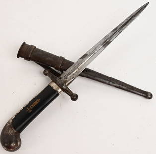 WWII FASCIST ITALIAN MVSN POINIARD DAGGER M1925: The dagger measures 13.5 inches in length with scabbard. The blade has semi-sharp edges, a dull tip, with light contact and minor surface wear in the plating. The blade measures 7.5 inches in length.