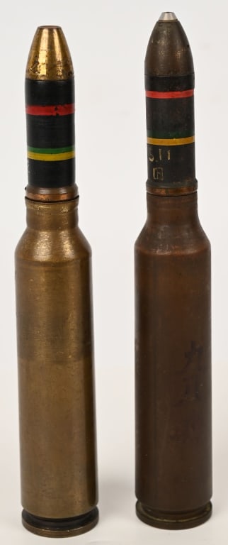 WWII JAPANESE TYPE 100 20MM ANTI AIRCRAFT ROUND LT: Lot of two, excellent inert demilitarized genuine Original Japanese WWII Type 100 20mm HE-T-SD (High Explosive, Self-Destruct, w/ Tracer) Anti-Aircraft Round for the Japanese Type 98 Anti-Aircra