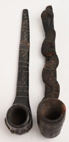EARLY HAND CARVED EFFIGY PIPES W SNAKE & HAND