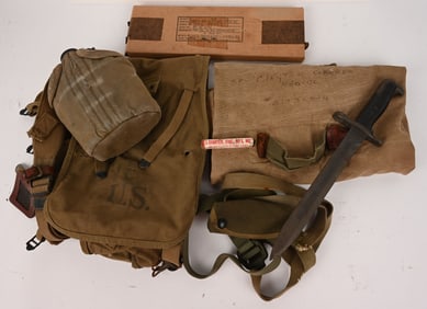 WWII US MILITARY FIELD GEAR LOT W BAYONET WW2