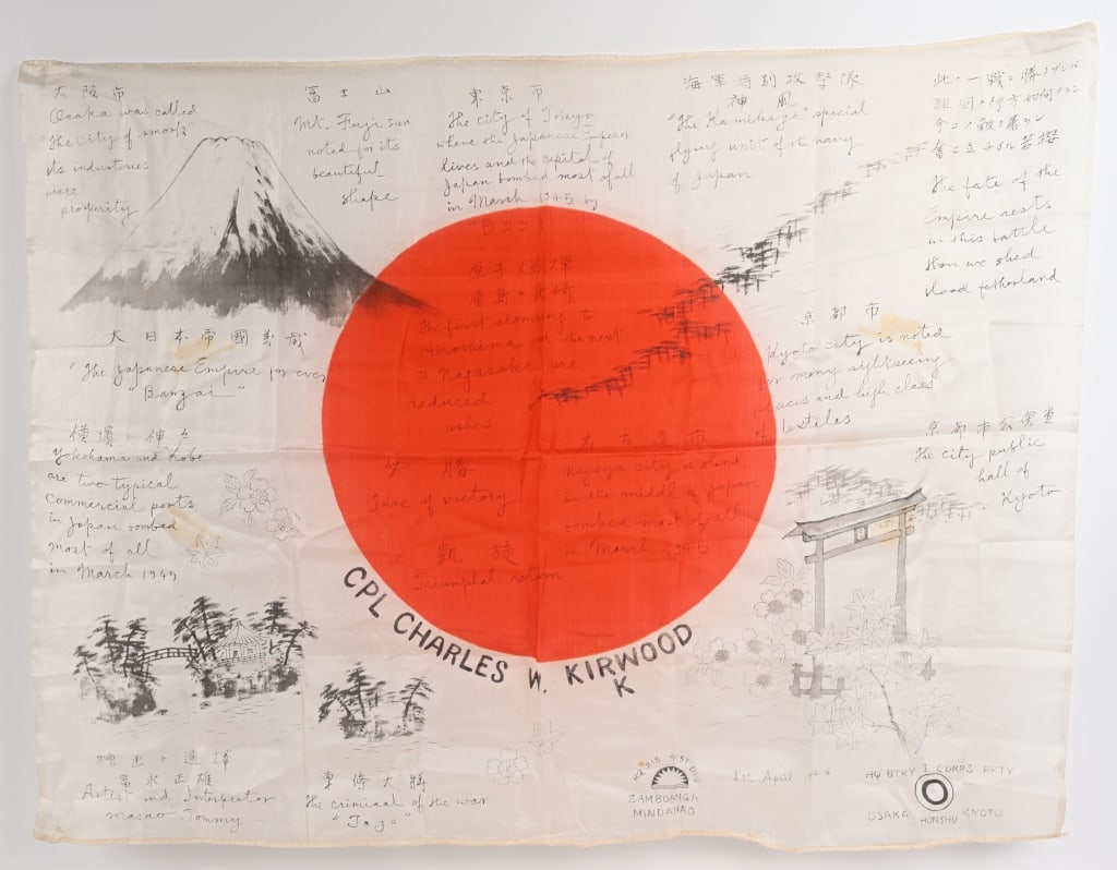 WWII JAPANESE CAPTURED FLAG BY 41ST DIVISON WW2: WWII Japanese National Flag that was captured by Corporal Charles W. Kirkwood of Headquarters 218th Company of the 41st Division. The flag measures 28 X 36 inches and made of silk The flag has Kanji a