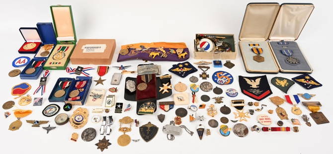 SPAN AM WWII & POST MILITARY ITEMS US ITALIAN WW2: Lot of Military Badges, Insignia, patches, Dog Tags and Medals. Lot also includes Police Badges and Knights Templar items.&#160;