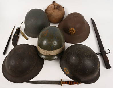 SPAN AM WW1 WWII MILITARY LOT KNIVES PUSH DAGGER: Lot of Militaria to include 1)&#160;WWII JAPANESE INFANTRY TYPE 30 TRAINING BAYONET. Unmarked blade. The pommel&#8217;s button functions perfectly. The contoured wraparound wooden grips are fixed with