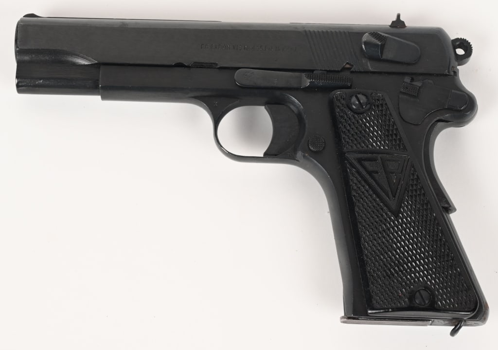 POLISH VIS MODEL 35 RADOM PISTOL 9MM: SERIAL NUMBER: S1936 . BARREL: 4 5/8". CALIBER: 9X19 PARA. MANUFACTURED WW2. Produced under German occupation with "77" on slide , frame. Triple latch variation with all matching numbers including bar