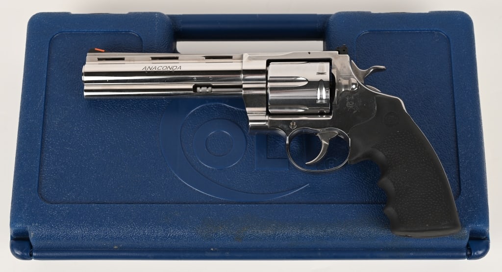 COLT ANACONDA .44 MAGNUM REVOLVER: SERIAL NUMBER: AC240228. BARREL: 6". CALIBER: .44 MAGNUM. MANUFACTURED: circa 2020s. The Anaconda features a bright stainless steel finish, vent rib, solid full lug, fluted 6-round cylinder, red inser