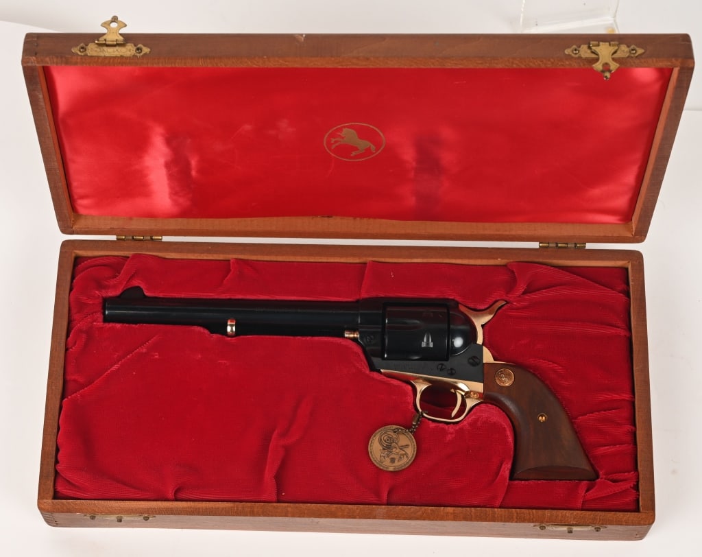 COLT 125TH ANNIVERSARY SINGLE ACTION ARMY REVOLVER: SERIAL NUMBER: 5603. BARREL: 5". CALIBER: .45 COLT. MANUFACTURED: 1961. The Colt 125th Anniversary Single Action Army (SAA) revolver is a commemorative firearm produced in 1961 to celebrate the 125th