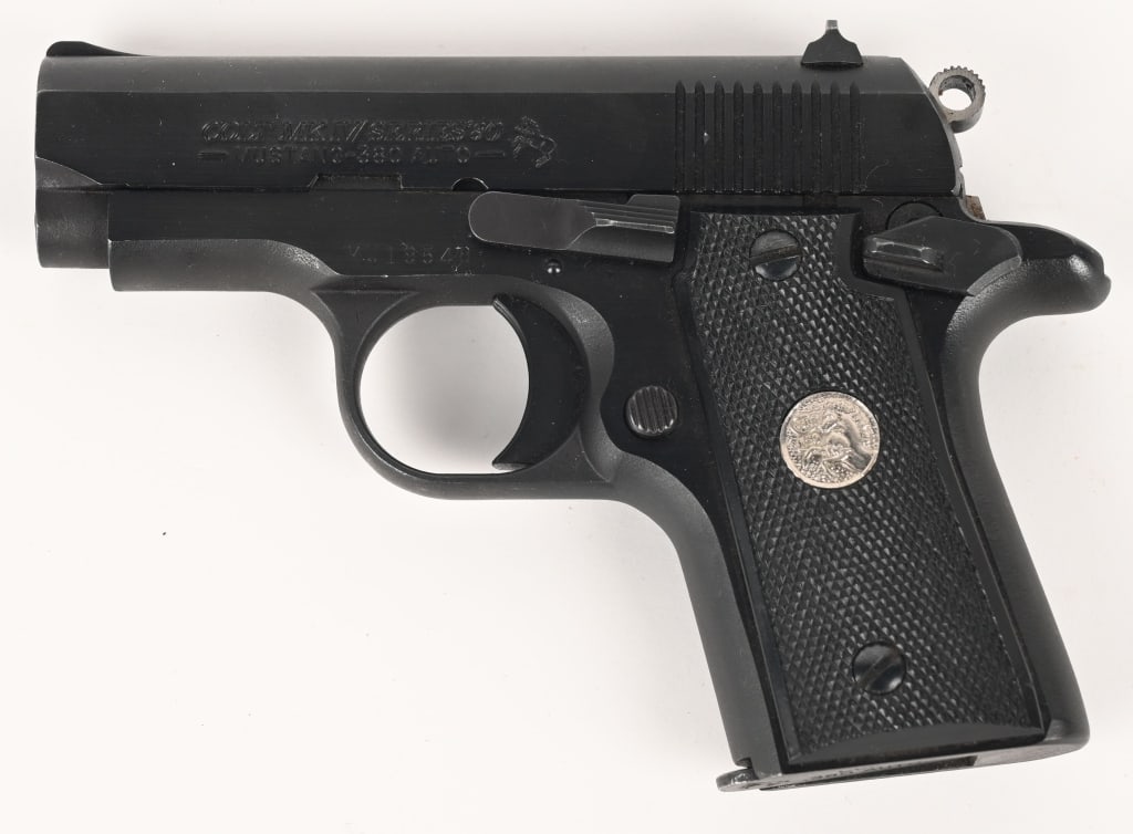 COLT MK IV SERIES 80 MUSTANG 380 AUTO: SERIAL NUMBER: MU19548. BARREL: 3 1/4". CALIBER: 380 AUTO. MANUFACTURED: 1980s. This MK IV pistol features a blued slide with matte top, blued controls, manual safety, ringed commander style hammer, c