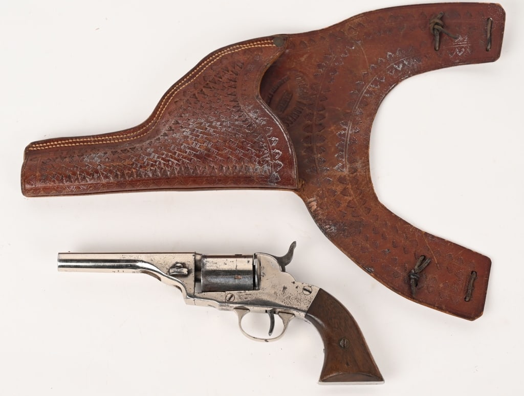 HOPKINS & ALLEN W/ OREGON HARNESS SHOULDER HOLSTER: Hopkins & Allen Conversion SN 711 with Oregon Harness Co., Klamath, Oregon Shoulder Holster. Description: Antique Hopkins & Allen Conversion 5-shot Revolver, .32 RIMFIRE caliber, SN 711, circa 1873-18