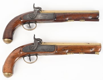 PAIR OF BRITISH BRASS-BARRELED HOLSTER PISTOLS
