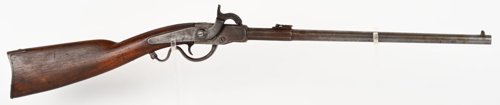CIVIL WAR GWYN & CAMPBELL 2ND MODEL CARBINE: SERIAL NUMBER: 3329. BARREL: 20". CALIBER: 52. MFG: 1863-1864 In Hamilton Ohio. Lever action falling block breech loading percussion carbine. Octagon to round barrel, folding ladder sight, post front