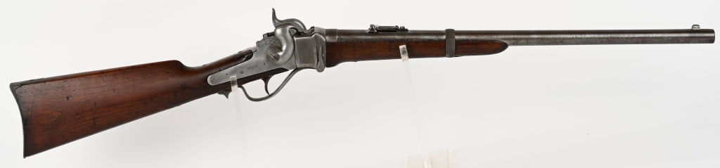 SHARPS MODEL 1863 SADDLE RING CARBINE: SERIAL NUMBER: 64405. BARREL: 22". CALIBER: 52 PERCUSSION. Standard Civil War era carbine. Barrel stamped New Model 1863. Sharps patents on lock plate and left side of the frame, " R.S. Lawrence Pat A