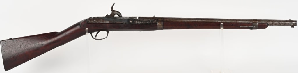 MODEL 1843 HALL US BREECH LOADING CARBINE: SERIAL NUMBER: N/SN. BARREL: 21". CALIBER: .52. MANUFACTURED: 1844. Total production from 1843 -1855 was 10500. Used during the Mexican War and later in the US Civil war. One piece walnut stock, lifti
