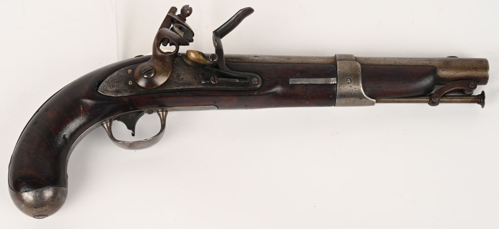 US MODEL SIMEON NORTH 1826 NAVAL FLINTLOCK PISTOL: SERIAL NUMBER: NSN. BARREL: 8 1/2". CALIBER .54. MANUFACTURED: 1827. The last military contract pistol by Simeon North, 3000 pistols delivered to Brooklyn Navy Yard 1827-1829 Marked on lock US S. Nort