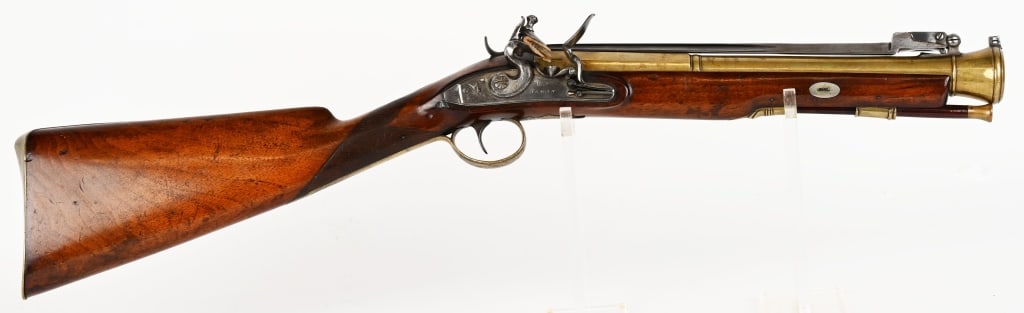 BRITISH 18th CENT. FLINTLOCK BEMAN BLUNDERBUS: SERIAL NUMBER: NSN. BARREL:14". CALIBER: About.70. MANUFACTURED: 18th Century. Wonderful all original 18th century brass barrel blunderbuss. The firearm features brass cannon muzzle barrel, spring loa