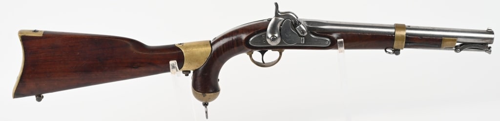 US SPRINGFIELD MODEL 1855 PISTOL CARBINE w/ STOCK: SERIAL NUMBER: NSN. BARREL: 12". CALIBER: .58. MANUDACTURED: 1855-1857, with a low total production of 4021. Intended for Dragoon regiments for use on horseback. This pistol is the first year of produ