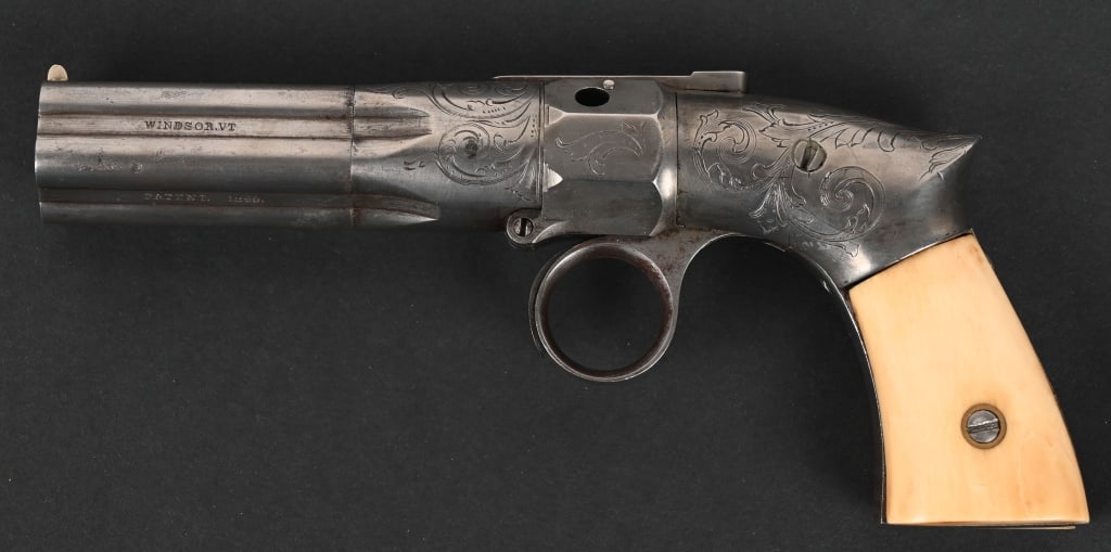 SCARCE ROBBINS & LAWRENCE PEPPERBOX REVOLVER: SERIAL NUMBER: 3926. BARREL: 3 1/2". CALIBER: .28. MANUFACTURED: 1851-1854. About 7000 made at their plant in Windsor Vermont. Barrel stamped Robbins & Lawrence Windsor Vt, Patent 1849. The pistol fea