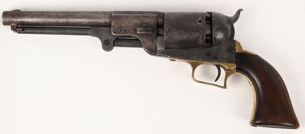 COLT FIRST MODEL DRAGOON .44 REVOLVER MFG 1849: SERIAL NUMBER 3731. BARREL 7 1/2". CALIBER .44. MANUFACTURED: 1849. Second year of production. Original First Model Colt Dragoon revolver. Serial numbers 3731 match on back strap, trigger guard, and f