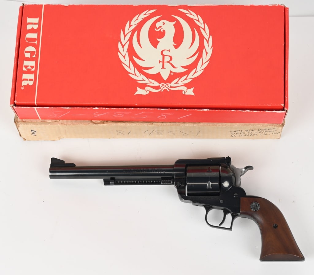 RUGER NEW MODEL SUPER BLACKHAWK 44 MAGNUM: SERIAL NUMBER: 81-48581. BARREL: 4 ¾". CALIBER: .44 MAGNUM. The Ruger Super Blackhawk is a powerful, single action revolver chambered in .44 Magnum. It's known for its strong, all-steel frame and