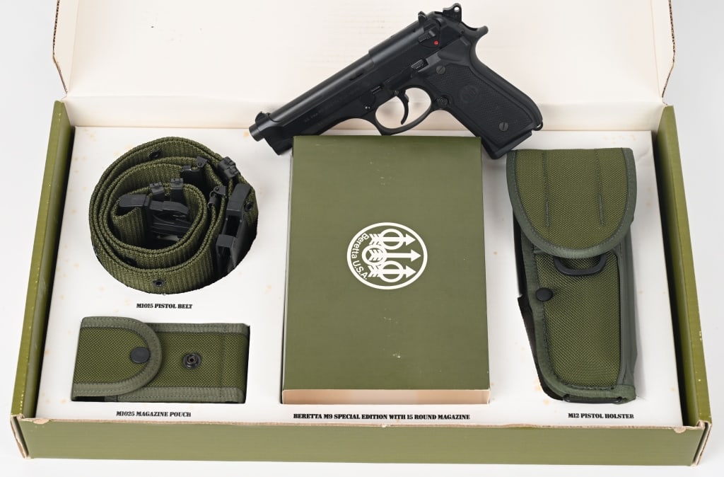 BERETTA M9 SPECIAL EDITION SEMI-AUTO PISTOL BOXED: SERIAL NUMBER: M91891. BARREL: 5". CALIBER: 9MM. This is a Beretta M9 Special Edition pistol. The pistol is like new with a few light handling marks and the box has wear from handling and storage. Thi
