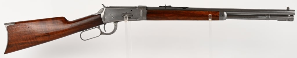 MODIIFIED WINCHESTER MODEL 1894 LEVER ACTION RIFLE: SERIAL NUMBER: 749849. BARREL 20". CALIBER: .30 WCF. MANUFACTURED: 1913. Originally finished blue with case colored hammer and lever. Nicely figured plain walnut forearm and stock. Take-down frame. CO