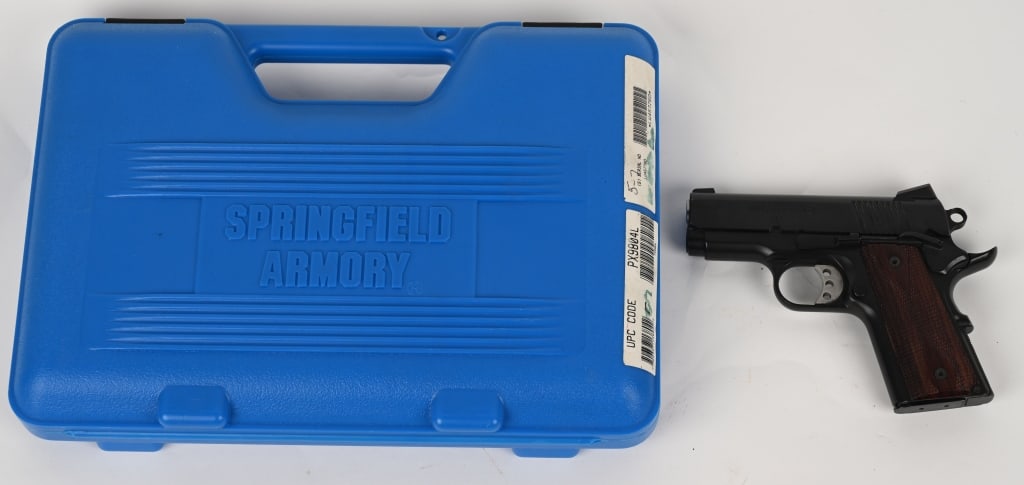 SPRINGFIELD ARMORY MICRO COMPACT 1911: SERIAL NUMBER: LW457760. BARREL: 3". CALIBER: .45 ACP. Key features of this pistol are black alloy frame and steel slide, stainless steel barrel, checkered polymer grips, 3-dot sights, serrated skelet