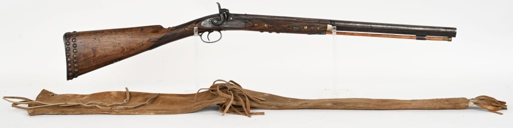 HUDSON BAY TRADE RIFLE & LEATHER SHEATH: SERIAL NUMBER: N/A, BARREL: 22 1/2", CALIBER: about .577. Half stock carbine size Indian trade ridle maked Hudson Bay Company on the lock and The Imperial No. 1 on the barrel. Octagon/round barrel. Ch
