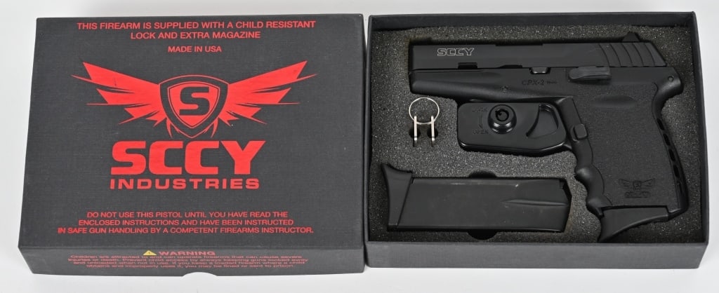 SCCY CPX-2 SEMI AUTOMATIC PISTOL WITH BOX: SERIAL NUMBER: 375837. BARREL: 3". CALIBER: 9MM LUGER. MANUFACTURED: 2010's. 3-dot sights, stainless slide, black polymer frame. Includes two factory magazines, lock, manual and serial matching box. C