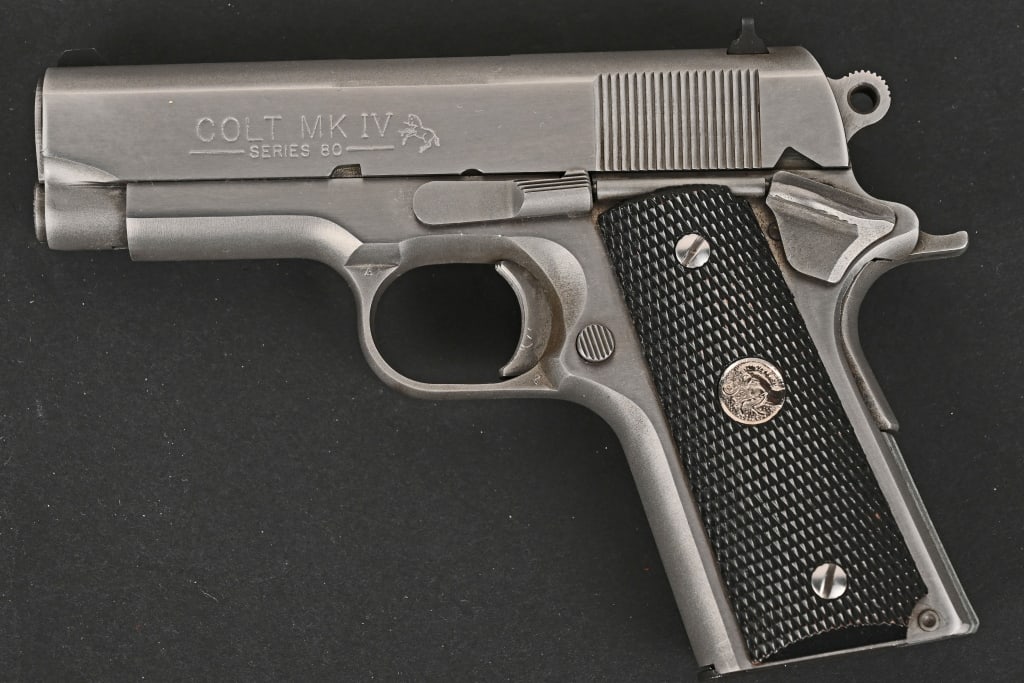 COLT STAINLESS STEEL OFFICER'S 45 ACP SERIES 80: SERIAL NUMBER: SF22558. BARREL: 3 ½". CALIBER: 45ACP. This is a Series 80 MK IV, the perfected short platform 1911 in stainless steel with bobbed hammer, white dot sights, beaver tail safety, che