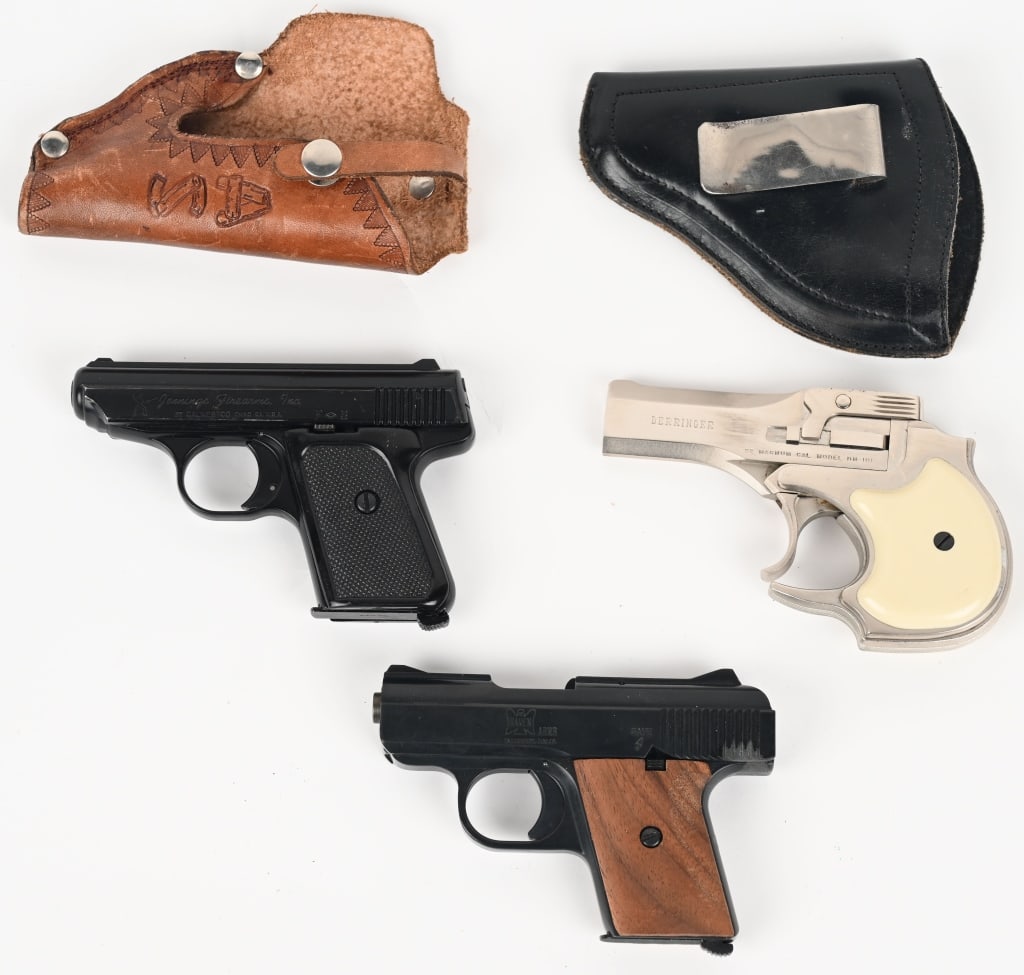 LOT OF THREE POCKET PISTOLS: RAVEN ARMS MODEL MP-25 SERIAL NUMBER: 1330251. BARREL: 2 ½". CALIBER: .25 AUTO. The pistol features a simple blade front sight, u-notch rear sight, factory black finish, smooth finish walnut grip