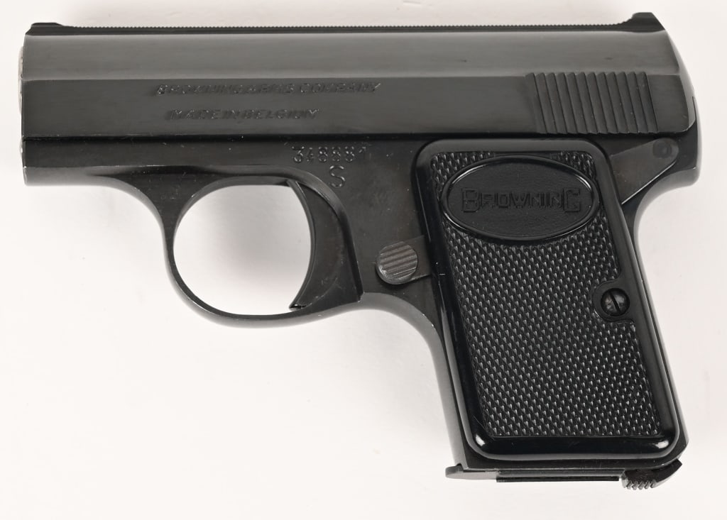 BABY BROWNING 25 AUTOMATIC SEMI AUTOMATIC PISTOL: SERIAL NUMBER: 348881. BARREL: 2". CALIBER: .25 AUTO. MANUFACTURED: 1966. This pistol was made for Browning by FH Herstal in Belgium. It features proof marks on the right side of slide and frame and o